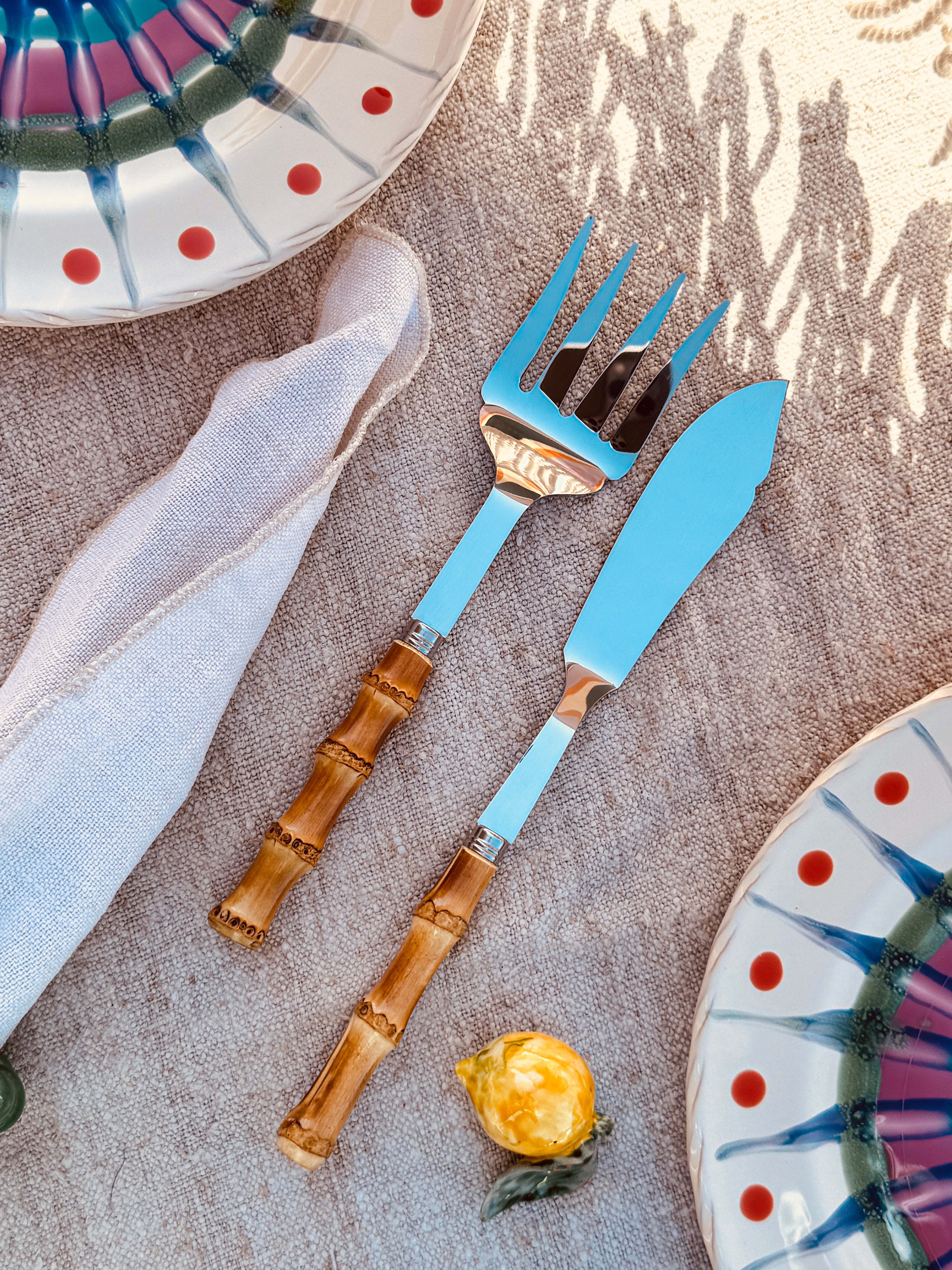 handmade Cutlery "Vintage Look-a-like" Bamboo Fish Serving Set of 2