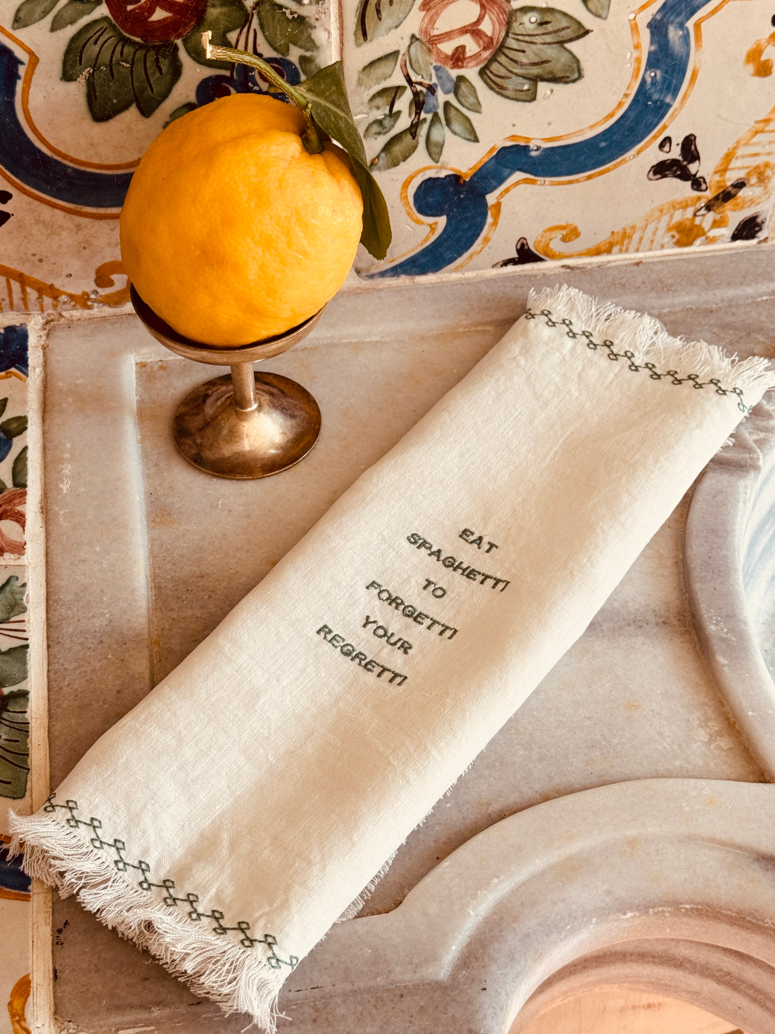 Light Linen Napkin "Eat Spaghetti to forget your Regretti"